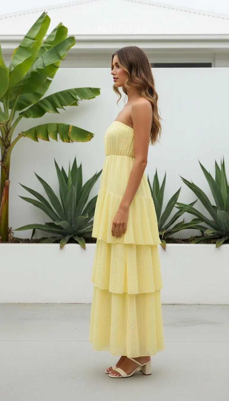 Strapless Maxi Dress with Tiered Skirt Wedding Guest Attire