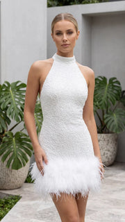 Feather-Trimmed Halter Mini Dress