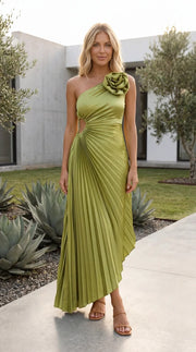 Floral Pleated One-Shoulder Midi Dress