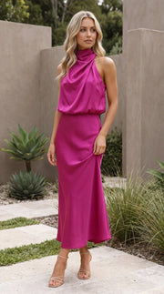 Bias-Cut Satin Halter Midi Dress