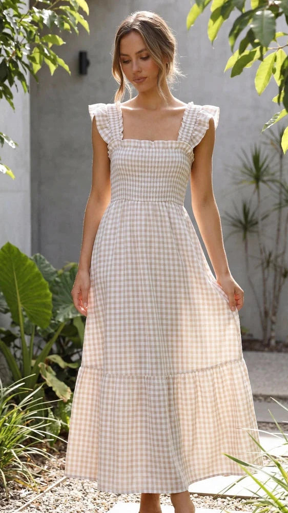 Ruffle Sleeve Gingham Maxi Dress