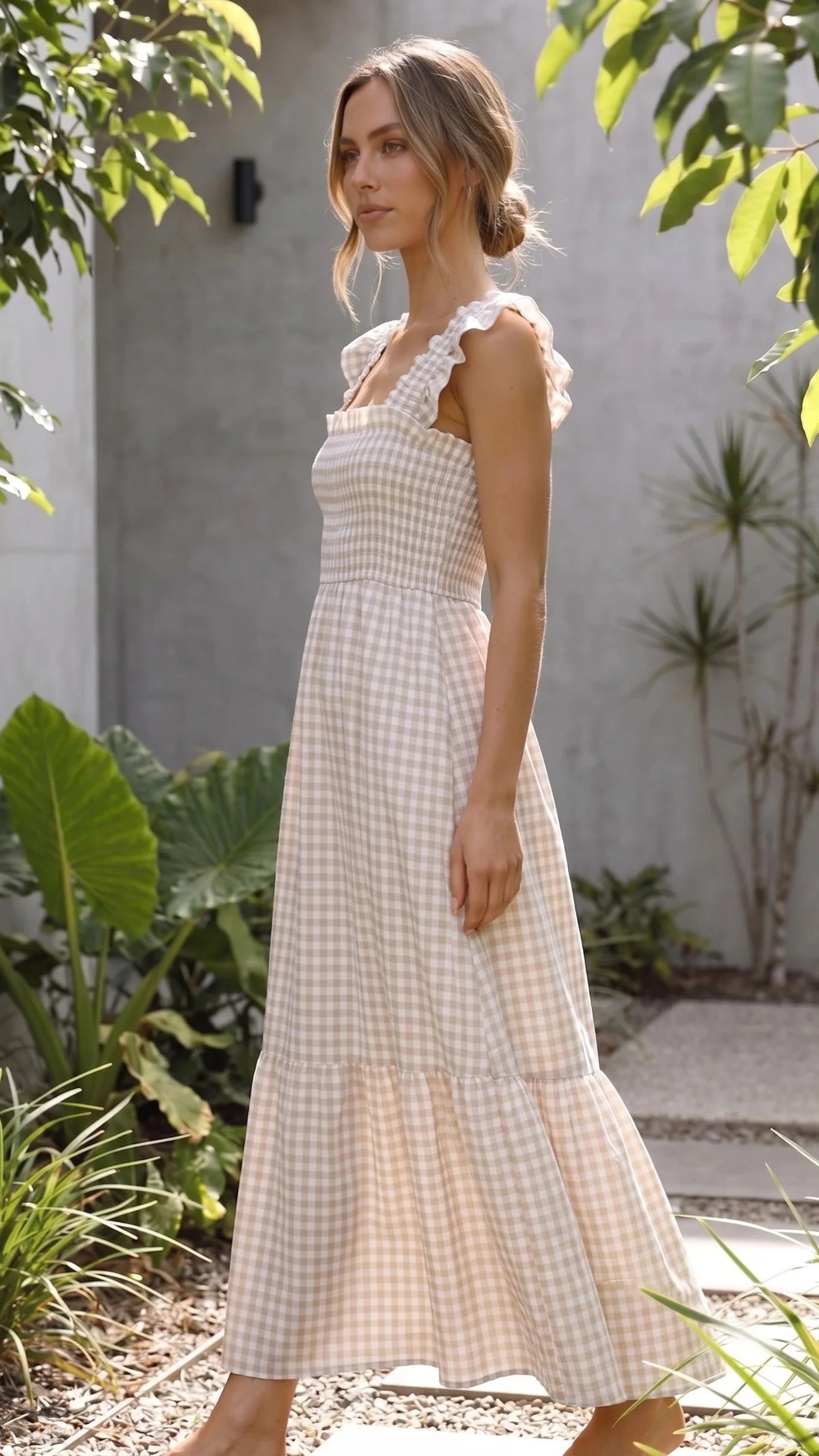 Ruffle Sleeve Gingham Maxi Dress