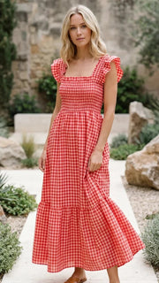 Ruffle Sleeve Gingham Maxi Dress