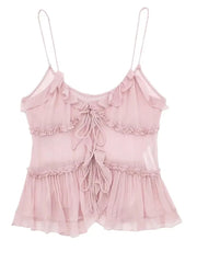 Airy Sheer Ruffle Cami Top with Tie Front and Thin Straps for Women
