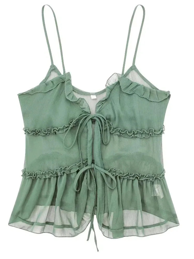 lichtgroene see-through top met ruffels en open voorkant