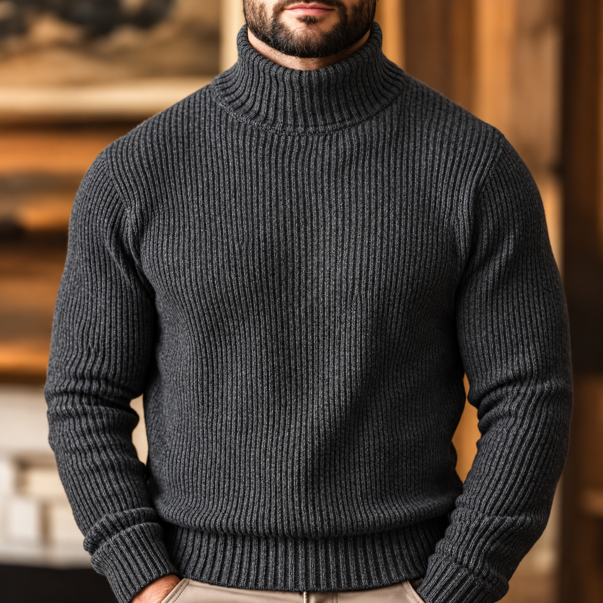 Men's Ribbed Turtleneck Sweater for Warmth and Versatility – Dark Grey