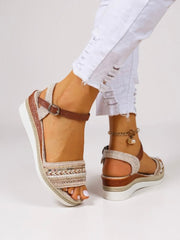 Beaded Wedge Sandals with Buckle Strap