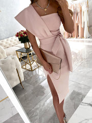 Belted One-Shoulder Midi Dress