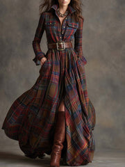 Belted Plaid Maxi Dress Wedding Guest Breathable