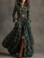Belted Plaid Maxi Dress Wedding Guest Breathable