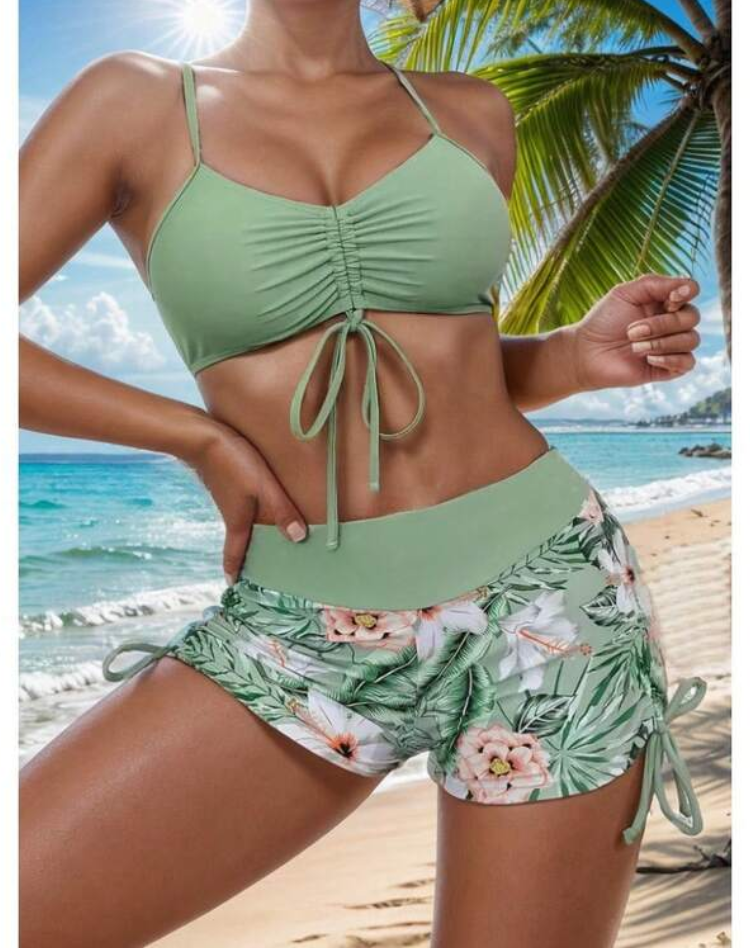 High-Waisted Floral Print Bikini Bohemian Style Beachwear Drawstring