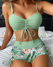 High-Waisted Floral Print Bikini Bohemian Style Beachwear Drawstring