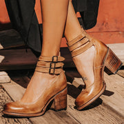 Block Heel Ankle Boots with Buckles Casual Style Black Leather