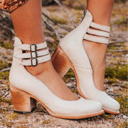 Block Heel Ankle Boots with Buckles Casual Style Black Leather