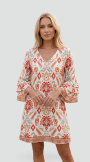 Beach V-Neck Mini Dress with Bell Sleeves