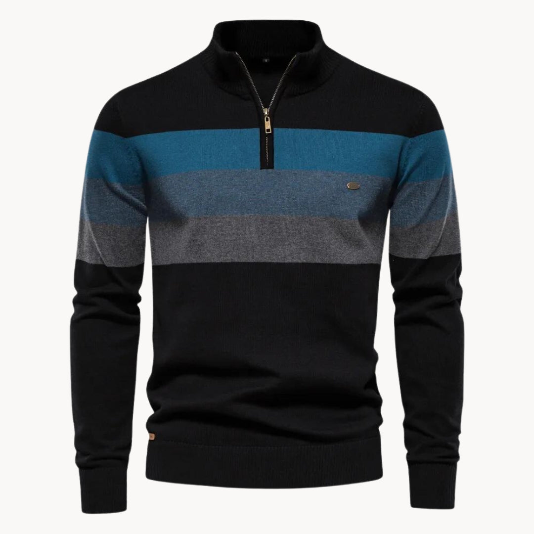 Pull zippé homme porté, vue de trois-quarts