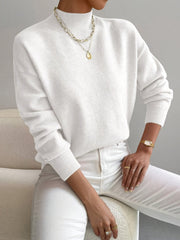 Relaxed Brushed Knit Mock Neck Winter Sweater with Ribbed Cuffs for Women