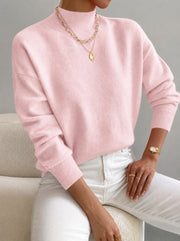 Relaxed Brushed Knit Mock Neck Winter Sweater with Ribbed Cuffs for Women