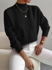 Relaxed Brushed Knit Mock Neck Winter Sweater with Ribbed Cuffs for Women