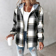 Brushed Plaid Hooded Shirt Jacket with Button Front for Women