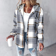 Brushed Plaid Hooded Shirt Jacket with Button Front for Women