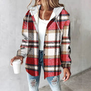 Brushed Plaid Hooded Shirt Jacket with Button Front for Women