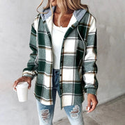 Brushed Plaid Hooded Shirt Jacket with Button Front for Women
