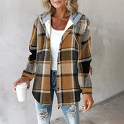 Brushed Plaid Hooded Shirt Jacket with Button Front for Women