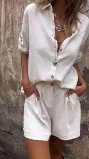 Casual Button-Up Blouse and Shorts Set Summer