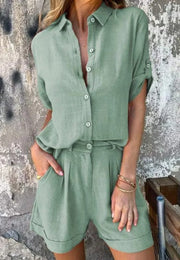 Casual Button-Up Blouse and Shorts Set Summer