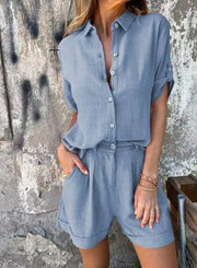 Casual Button-Up Blouse and Shorts Set Summer