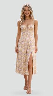 Floral Midi Dress with Sweetheart Neckline Summer