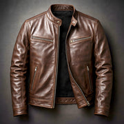 Structured Leather Jacket with Zipper Pockets for Men