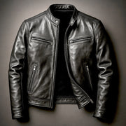 Structured Leather Jacket with Zipper Pockets for Men