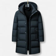 Men's Insulated Down Winter Parka with Adjustable Hood and Mid-Thigh Length