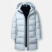 Men's Insulated Down Winter Parka with Adjustable Hood and Mid-Thigh Length