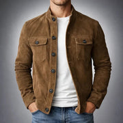 Classic Suede Buttoned Jacket Casual Formal Wear Leather Pockets
