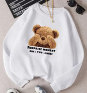Cozy Bear Print Sweatshirt with Crew Neck and Ribbed Cuffs for Women