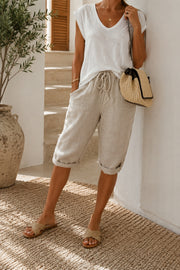 Drawstring Knee-Length Linen Shorts