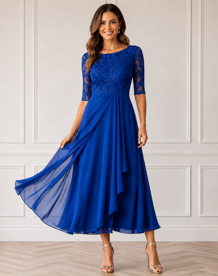 Flowy Lace Sleeve Midi Dress Bodice Wedding Guest