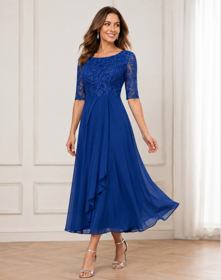 Flowy Lace Sleeve Midi Dress Bodice Wedding Guest