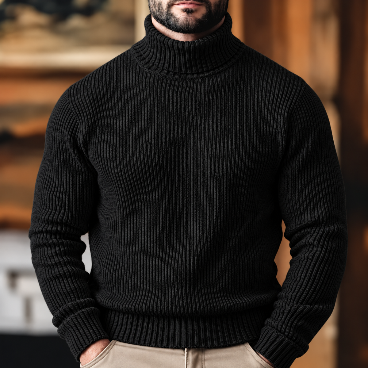 Men's Ribbed Turtleneck Sweater for Warmth and Versatility – Black