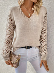 Relaxed Lace Sleeve Sweater with V-Neckline for Women