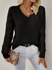 Relaxed Lace Sleeve Sweater with V-Neckline for Women