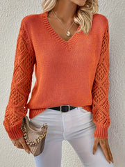 Relaxed Lace Sleeve Sweater with V-Neckline for Women