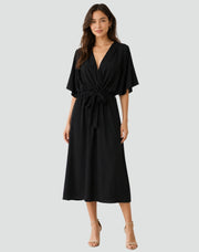 Elegant Wrap Midi Dress with Tie Waist Style Wedding Guest