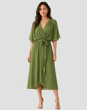 Elegant Wrap Midi Dress with Tie Waist Style Wedding Guest