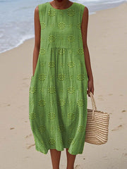 Embroidered Midi Pocket Dress Style Casual Beach Wear Breathable Lightweight Summer