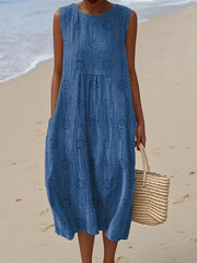 Embroidered Midi Pocket Dress Style Casual Beach Wear Breathable Lightweight Summer