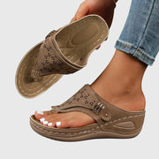 Handmade Floral Linen Wedge Thong Sandals Embroidered High Summer